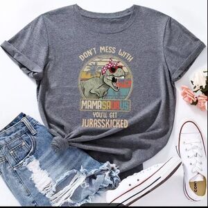 Gray Graphic Mama Dinosaur Rockabilly Jurassic Dinosaur Cotton Tee Shirt -NEW